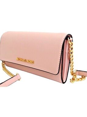 Michael Kors Blush Pink Saffiano Leather Crossbody Wallet with Gold Chain